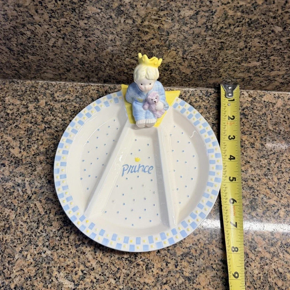 Vintage Mud Pie Prince White Ceramic Sectioned Toddler Plate Boy Figurine Baby